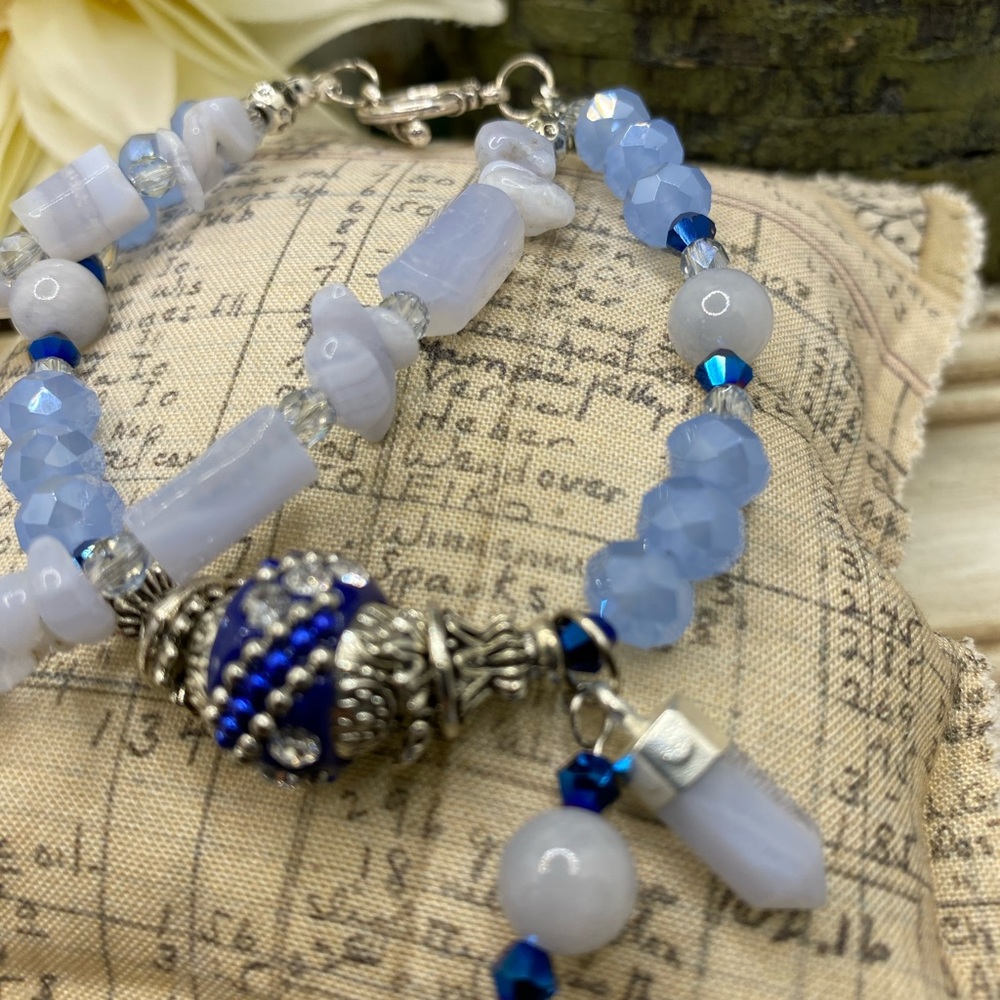Elegant Blue lace Agate and Silver Beaded Bracelet Earrings Set